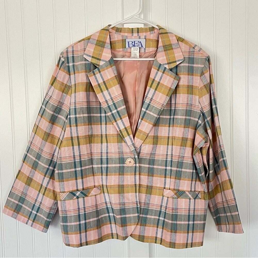 Vintage Pink Plaid Blazer Light Linen Jacket Size 20P Made in USA Preppy Classic